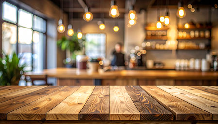 Empty wooden table and Coffee shop blur background with bokeh image.の素材