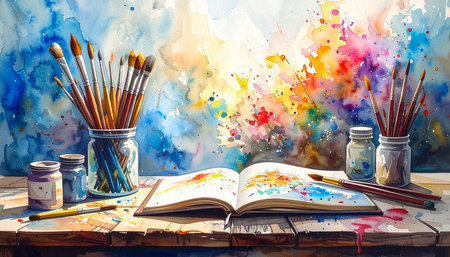 Paint brushes and open book on wooden table with colorful watercolor backgroundの素材