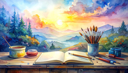 Watercolor painting of a landscape with mountains, trees and a cup of coffee.の素材