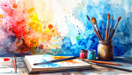 Painting background with brushes and paints. Colorful watercolor paintingの素材