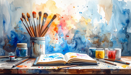 Paint brushes and paints on a wooden table. Watercolor painting.の素材