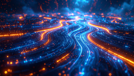 3d illustration of abstract background with glowing particles in cyberspaceの素材