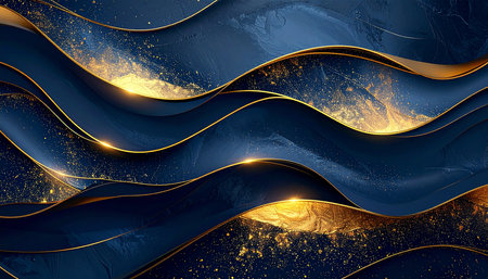 Abstract blue wavy background with golden lines. 3d render illustrationの素材