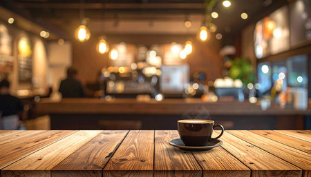 Coffee cup on wooden table and Coffee shop blur background with bokeh image.の素材