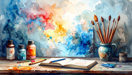 Watercolor painting of a jar of paint and brushes on a wooden tableの素材