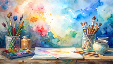 Watercolor painting of paintbrushes and paints on a wooden tableの素材