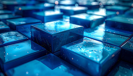 Blue cubes with water drops. 3d rendering, 3d illustration.の素材