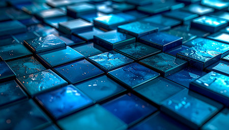 3d rendering of abstract geometric composition made of cubes in blue colorの素材
