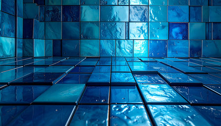 Blue swimming pool background. 3d illustration. Wall of blue tiles.の素材