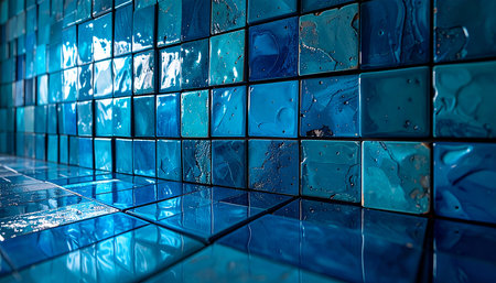 Blue tile wall texture background. Close-up of blue tile wall texture.の素材