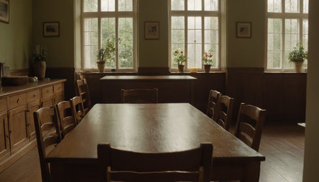 Interior of an old school library with wooden tables and chairs.の素材