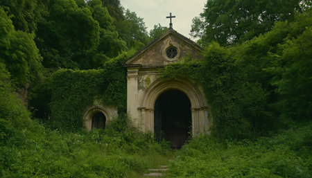 Abandoned church in a green forest on a sunny summer dayの素材