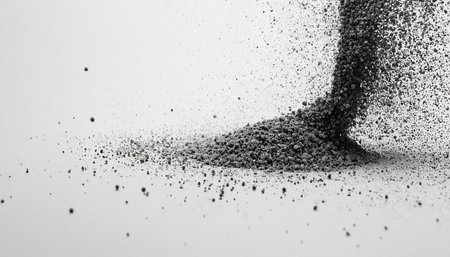 3d rendering of black particles explosion isolated on white background. Flying particles.の素材