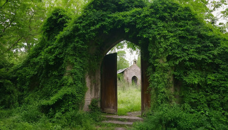 The ruins of an old church in the middle of a green forestの素材