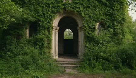 Abandoned ruins of an ancient building in the forest in summerの素材