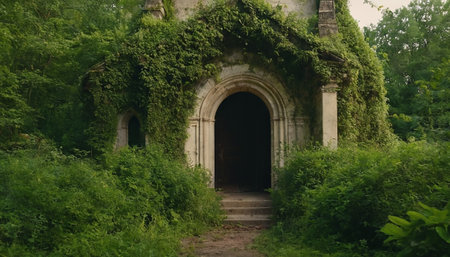 The entrance to an old abandoned church in the middle of the forestの素材
