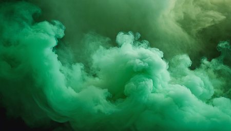 Green cloud of smoke on a black background. Background from the smoke of vapeの素材