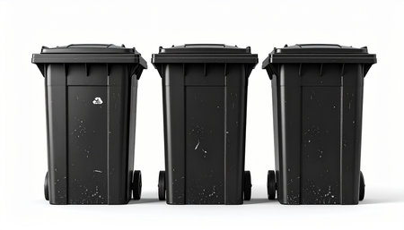 Three black garbage bins on a white background. 3d rendering.の素材