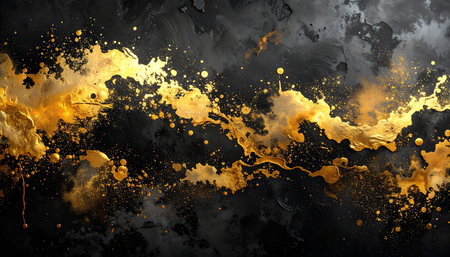 Abstract background with gold and black paint splashes. 3d renderingの素材