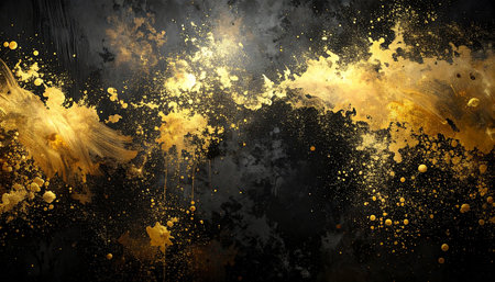 abstract grunge background with yellow and black paint splashes on blackの素材