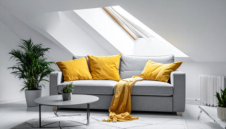 Interior of a modern living room with a gray sofa and yellow pillowsの素材