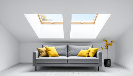 Interior design of modern living room with white walls, wooden floor and gray sofa with yellow cushions. 3d renderの素材