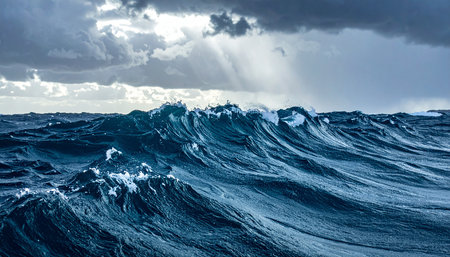 Blue ocean wave with splashes and sunbeams. Toned.の素材