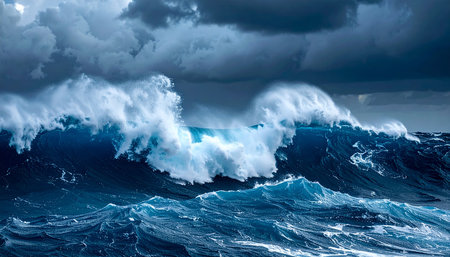 Stormy ocean wave. Blue sky and white clouds. 3D renderingの素材