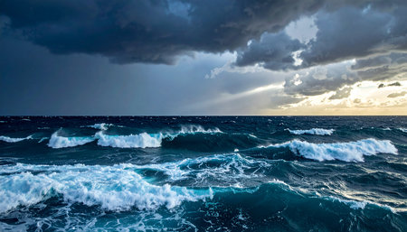 Stormy sea and stormy sky. Panoramic view.の素材