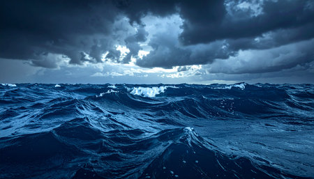 Stormy sea. Dramatic sky with dark clouds. 3D illustrationの素材