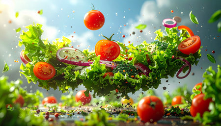 Healthy salad with fresh vegetables and herbs. 3d rendering.の素材