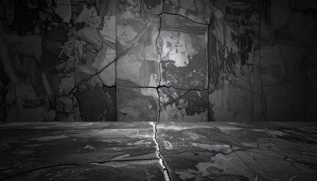 Grunge dark room with cracked concrete wall. 3d renderingの素材