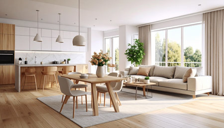 modern bright interiors apartment Living room 3D rendering computer generated imageの素材