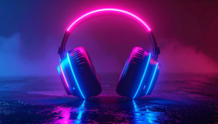 Neon headphones on dark background. Music concept. 3D Renderingの素材