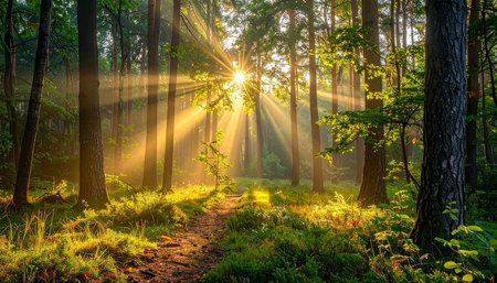 Morning in the forest. Sun rays through the trees. Landscape.の素材