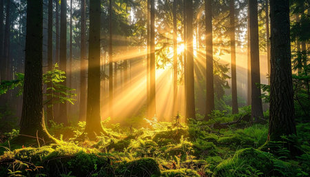 Beautiful summer sunrise in the forest with sunbeams and fogの素材