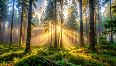 Sunrise in the spruce forest with sun rays and lens flareの素材