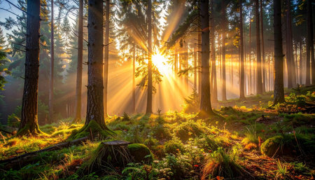 Beautiful sunset in the forest. Sun rays through the trees.の素材