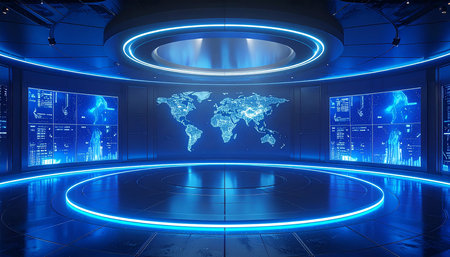 3D rendering of Futuristic interior with blue neon lights and world mapの素材