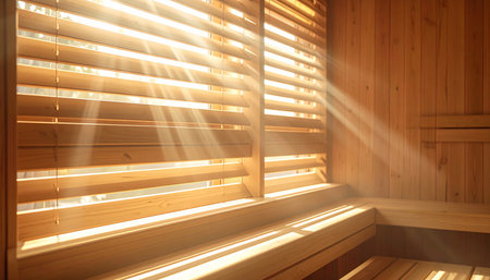 Sun rays through the window of a wooden sauna. 3d renderingの素材