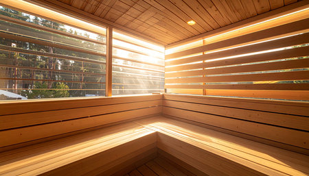 Interior of a wooden sauna with sun rays shining through the windowの素材
