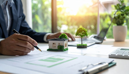 Real estate agent or real estate agent is showing house model to customer to sign contract.の素材