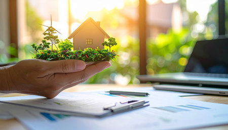 Hand holding miniature house with wind turbine on the table. Real estate concept.の素材