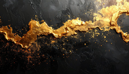 Abstract black background with golden splashes. Top view. Copy spaceの素材