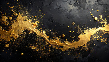 Abstract black background with golden splashes. Top view with copy spaceの素材