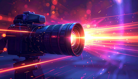 Digital SLR camera with lens flare, 3d rendering. Computer digital drawing.の素材