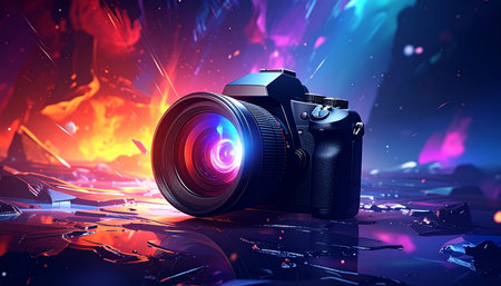 Digital camera in fire background. 3d illustration. Elements of this image furnished by NASAの素材