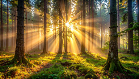 Sunrise in the forest with sun rays passing through tree trunksの素材