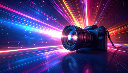 Digital SLR camera with lens and colorful beam of light on dark backgroundの素材