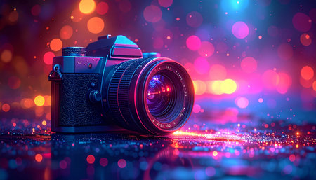 Retro camera on colorful bokeh background. 3d renderingの素材